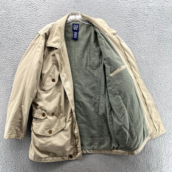 Vintage Gap Pea Coat Trench Jacket Mens Medium Beige Utility Barn Field Academia - Picture 6 of 12